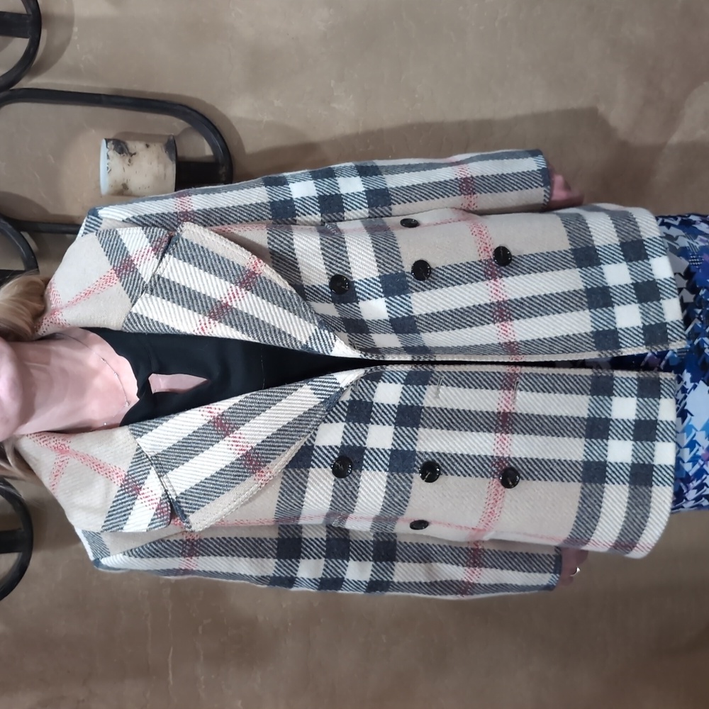 BURBERRY NOVA CHECK PLAID DOUBLE BREASTED WOOL TRENCH COAT SIZE 14